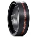 Detailed close-up view of 8mm black brushed tungsten ring featuring a natural acacia wood inlay - Size 7 / Black and Brown