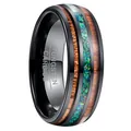Anillo de carburo de tungsteno negro de 8 mm con madera de koa e incrustación de opalo - Talla 7 / Como se muestra