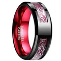 Primer plano detallado del anillo de carburo de tungsteno negro y rojo de 8 mm con dragón - Talla 6 / Rojo + Negro