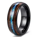Close-up macro detail of 8mm black tungsten ring featuring koa wood and iridescent opal inlay - Size 7 / Electroplated Black