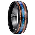 Close-up of 8mm black tungsten carbide ring with acacia wood and blue opal inlays - Size 7 / Black (With Wood & Opal)