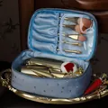 Luxury light blue velvet makeup bag with gold stars embroidery and makeup brush slots - Large Tote Style / Baroque Blue
