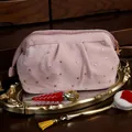 Premium pink velvet makeup bag with golden star pattern and pleated elegant design - Small Shell Style / Rococo Pink