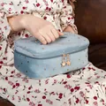 Large blue velvet makeup bag featuring gold stars and star-shaped zipper pulls. - Large Tote Style / Grey Blue