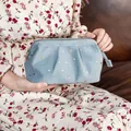 Elegant blue velvet makeup bag with gold star patterns and secure zipper closure - Small Shell Style / Grey Blue