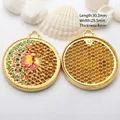Close-up of ethnic peacock pendant in ancient gold finish with dimensions - Style 3 Small Round Peacock Pendant