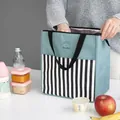 Bolsa de almuerzo aislada verde azulado con bolsillo a rayas y forro de aluminio. - Empalme de Rayas / Azul