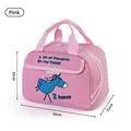Pink insulated lunch bag with a cute cartoon unicorn illustration and dimension markings - Pink