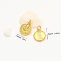 Detailed view of gold-plated antique style charms showing 12mm and 14.5mm dimensions - Round Deity Figure Style (GF-535 Style 3)