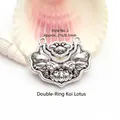 Detailed macro view of a vintage Tibetan silver koi lotus double-loop jewelry pendant - Double Loop Koi Lotus (GF-471 Style 2) / Approx. 21x26.5mm