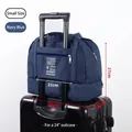 Small navy blue Oxford travel bag with luggage sleeve and size dimensions displayed - S / Navy Blue