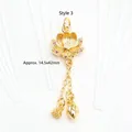 Detail view of 18K gold-plated lotus pendant with red zircon and dangling charms - Lotus Style (GF-465 Style 3) / 5 Pieces/Pack