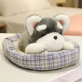 Adorable grey and white plush puppy toy resting in a cozy blue plaid pet bed basket - Schnauzer / 20cm