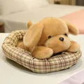 Adorable soft plush puppy toy resting comfortably in a brown plaid patterned pet bed basket - Golden Retriever / 20cm