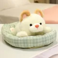 Adorable plush Corgi puppy toy resting in a cozy green plaid basket bed variant - Tuso Puppy / 20cm