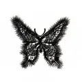 Macro view showing a black embroidered butterfly lace patch with delicate eyelash fringe - Butterfly 2# Black (Black Elegant Butterfly)