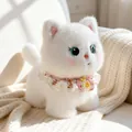 Adorable standing white plush kitten toy wearing a decorative pink floral lace collar - Pendant Style / White Cat