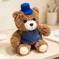 Soft brown plush teddy bear toy with small blue hat and vest, cute desk companion doll - Blue Suspender Skirt Bear / 15cm