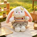 Cute plush white long-eared bunny doll wearing a striped heart shirt and plaid skirt - 23cm / Yellow Skirt (Scented)