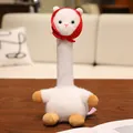 Cute white long-neck alpaca plush toy wearing a red polka-dot headscarf on a wooden table - Alpaca / 23cm