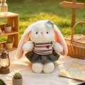 Cute white plush rabbit toy wearing a heart-striped shirt and plaid skirt - 23cm / Black Skirt (Scented)