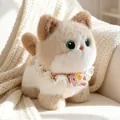 Cute standing cat plush toy with a floral lace bib collar in soft cream and tan fur - Pendant Style / Ragdoll Cat