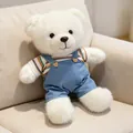 Soft white teddy bear plush toy wearing cute blue overalls and striped t-shirt - 30 cm / White