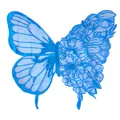 Detailansicht der blauen Schmetterlings-Spitzenstickerei mit Blumen- und Netzmustern. - Blau
