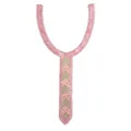 Close-up detail of a pink embroidered lace collar featuring intricate green floral patterns - Green Gold Flower Wave Embroidery / Rose Pink
