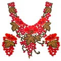 Detailed 3-piece embroidery lace collar set with elegant red flowers and berry patterns - Red
