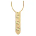 Close-up detail of a golden tie-shaped lace collar patch with floral rose embroidery - Champagne