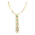 Detail of colorful heavy embroidered lace collar with pink and green cross-stitch geometric patterns - Pink Green White Embroidered Tie Shape / Beige