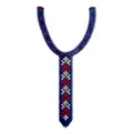 Close-up of blue embroidery lace collar with red and white floral tie shape design - Dark Blue
