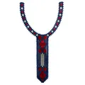 Close-up detail of a dark blue embroidered lace collar patch with red embroidery - Dark Blue