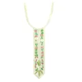 Close-up of colorful floral embroidery on a white lace tie-shaped faux collar piece. - Beige