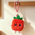 Adorable square strawberry plush keychain with soft fur texture and pink hanging cord - 14cm / Strawberry