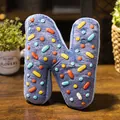 Cojín decorativo de felpa suave con forma de letra N de donut y chispas de colores - Letra N (Colgante) / 10cm / Azul
