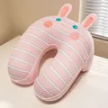 Lindo cojín de cuello en forma de U a rayas rosas con diseño de conejo en seda fría - 25*23cm / Conejo Rosa
