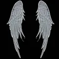 Detailed view of white embroidered organza lace wing patches with shiny silver thread - White Angel Wings