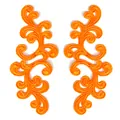 Detailed view of a pair of symmetrical orange embroidered floral lace patches for DIY - Orange
