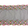 Detailed view of pink floral embroidered lace trim on dark mesh for DIY sewing. - Double-Sided 25cm / Black Base