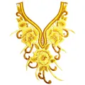 Vue détaillée de l'applique de col en dentelle à broderie florale jaune complexe. - Jaune
