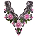 Detail view of floral embroidery lace neckline patch with pink flowers and green leaves - Rose Pink