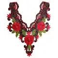 Detailed red and black floral embroidered lace collar patch accessory for DIY clothing crafts - Red