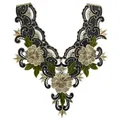 Detail view of black mesh embroidery lace collar with gold flowers and green leaves - Apricot