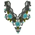 Close-up of colorful floral embroidered lace collar with blue flowers and green leaves - Blue