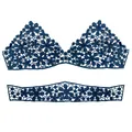 Close-up of navy blue milk silk embroidered lace trim with 3D hollow floral pattern - 3D Hollow Embroidery (LG742) / Dark Blue
