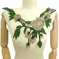 Vue macro détaillée du patch d'encolure en dentelle brodée de fleurs sur un mannequin - Champagne