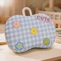 Small children's memory foam neck pillow with blue plaid pattern and flower embroidery - Small (32x20cm) / Blue Plaid