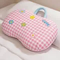 Large pink plaid memory foam pillow for kids featuring cute flower embroidery and blue handle - Large (55x35cm) / Pink Plaid